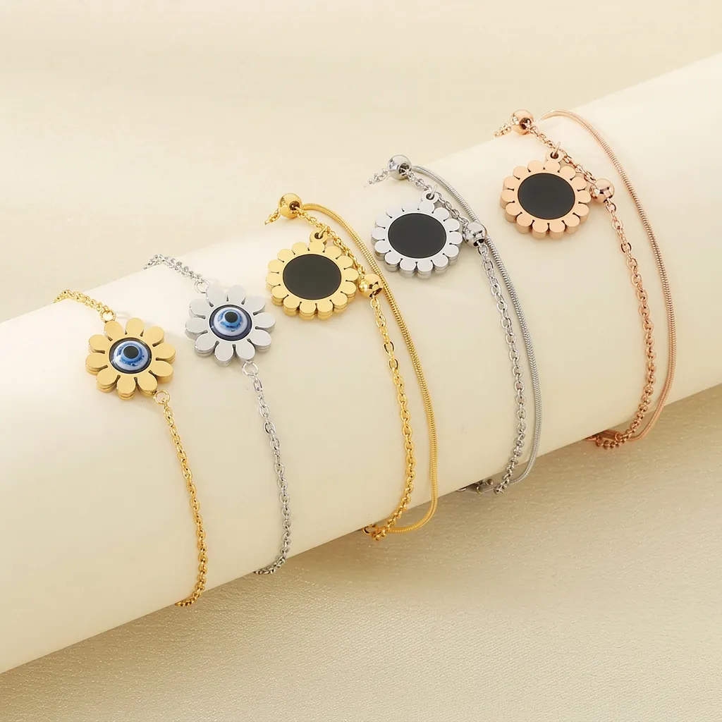Bracelet Marguerite Tournesol En Acier Inoxydable Pendentif Mauvais Œil Double Couche Bijoux Minimalistes Réglables