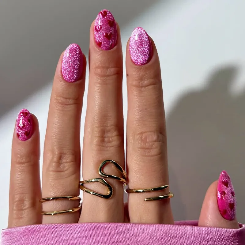 Valentine Pink Cat Eye Press On Nails Long Pointed Glossy Red Heart Pattern Elegant Handcrafted Style Manicure Accessory