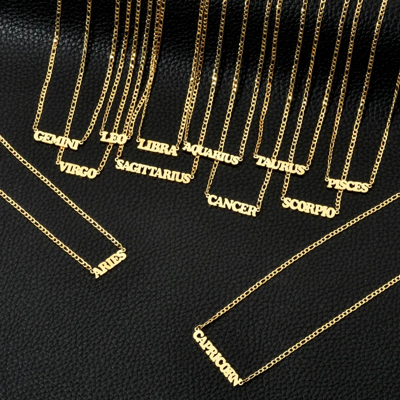 Stainless Steel Zodiac Constellation Letter Pendant Necklace For Women 18K Gold Plated Figaro Chain Simple Jewelry Gift