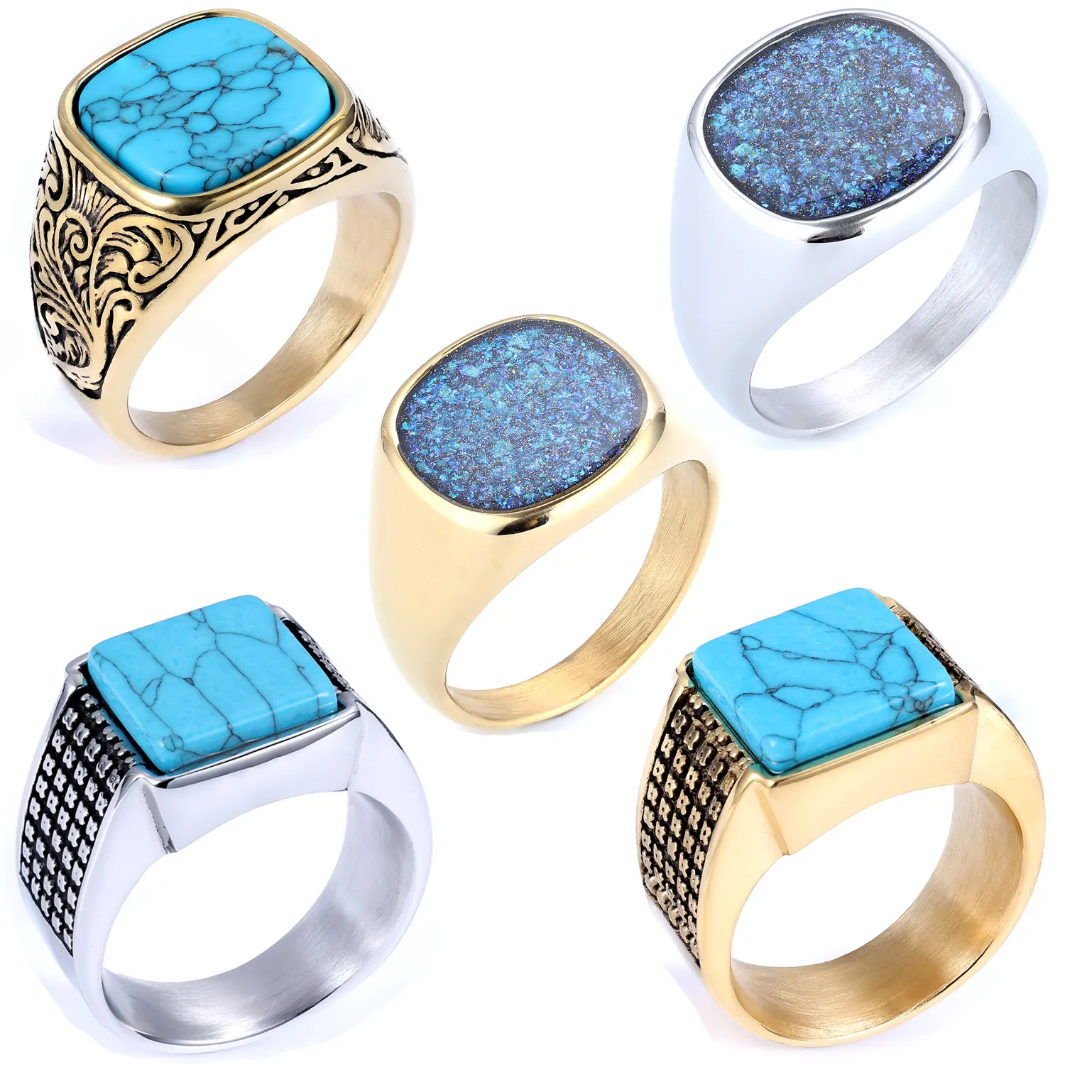 Vintage Carved Square Turquoise Signet Ring Stainless Steel Blue Sandstone Retro Punk Jewelry For Men Unisex