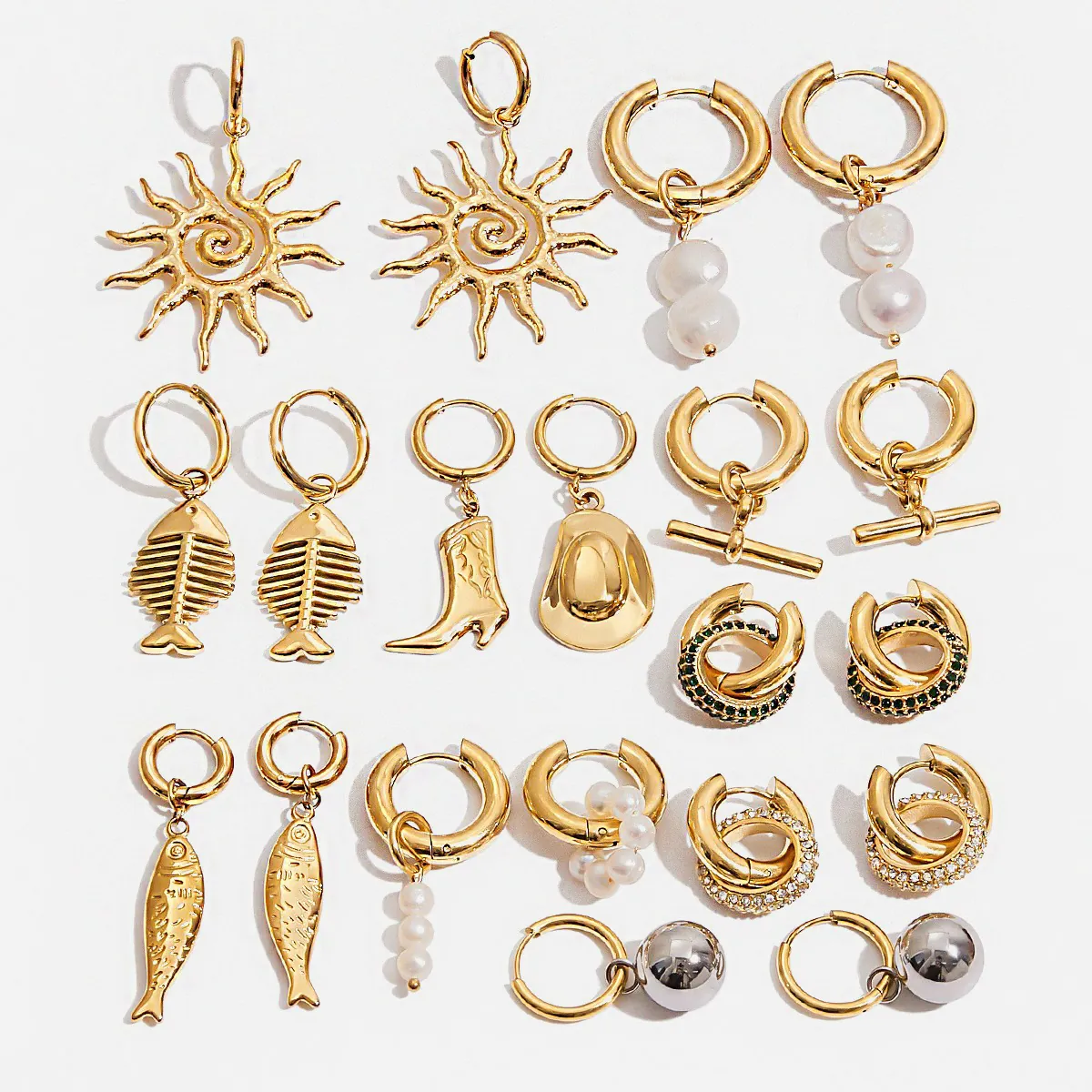 Stainless Steel Artificial Pearl Drop Earrings For Women Gold Plated Geometric Fish Sun Charms Fashion Jewelry High Quality Non Tarnish
