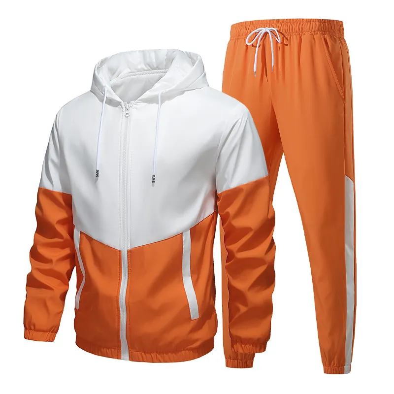 Men Hooded Zipper Jacket And Jogging Pants Polyester Color Block Windproof Casual Fitness Athletic Clothing