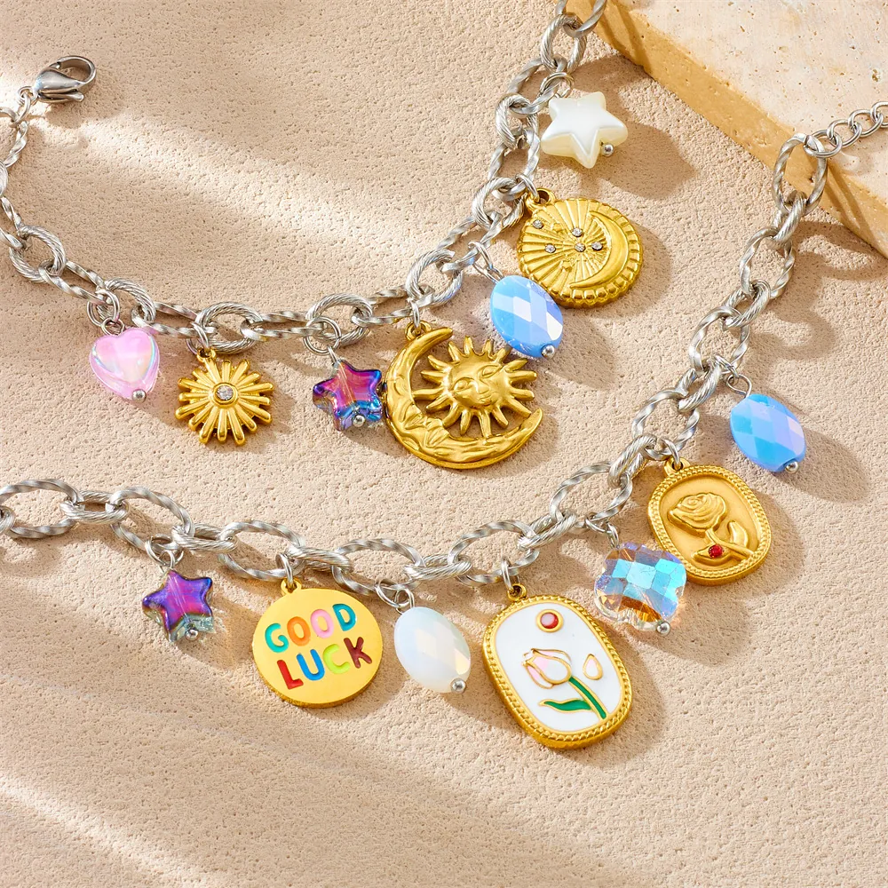 Stainless Steel Charm Bracelet With Alloy Enamel Tulip Rose Sun Moon Star Pendants Bohemian Vintage Jewelry Women