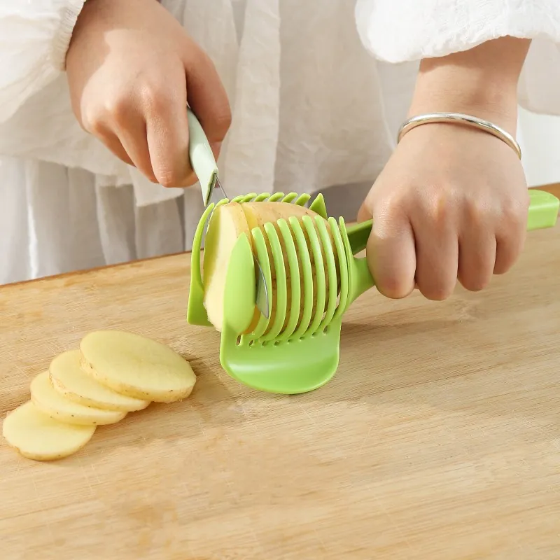 Fruit Vegetable Slicer Assistant Plastic Lemon Tomato Slicing Holder Uniform Cutting Guide Manual Kitchen Tool Green