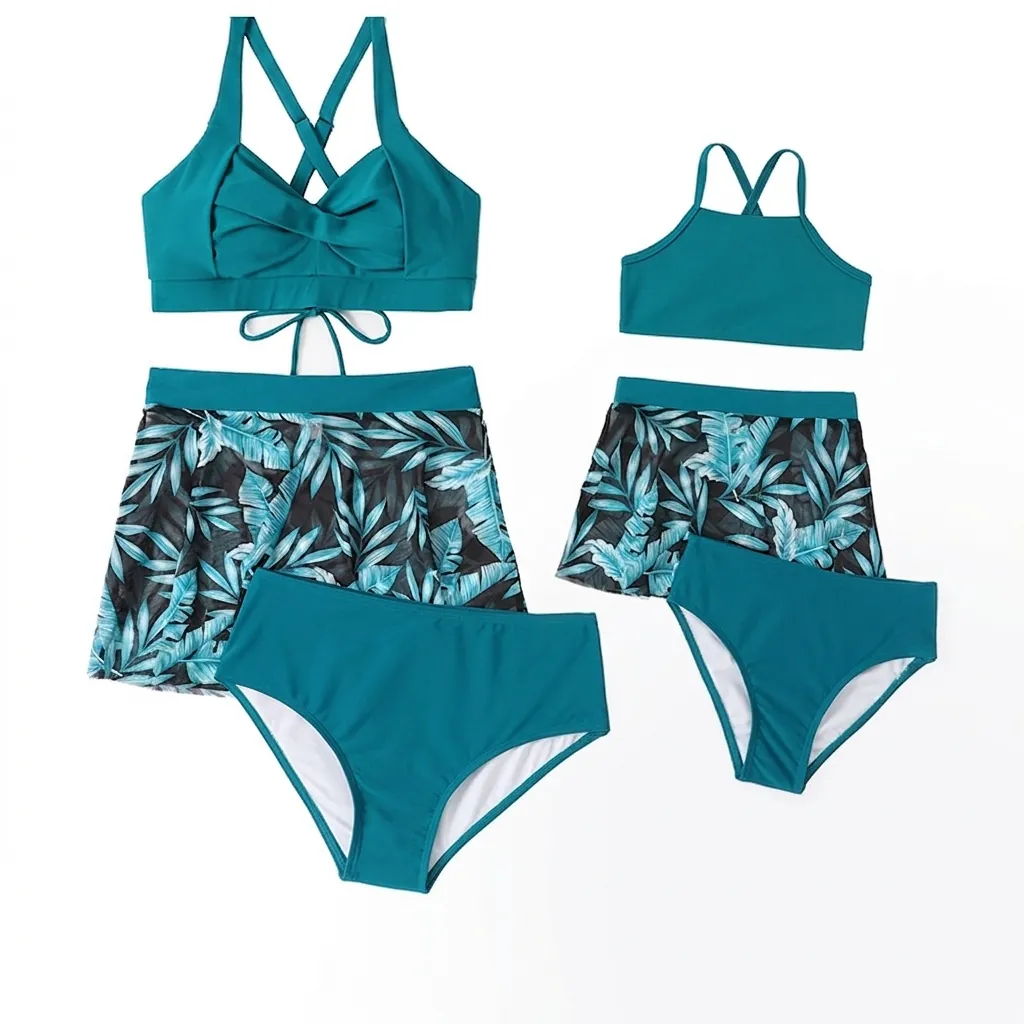 Maillot De Bain Maman Et Moi Imprimé Feuilles Tropicales Jupe En Maille Haut Et Bas De Bikini Tenues Assorties Famille
