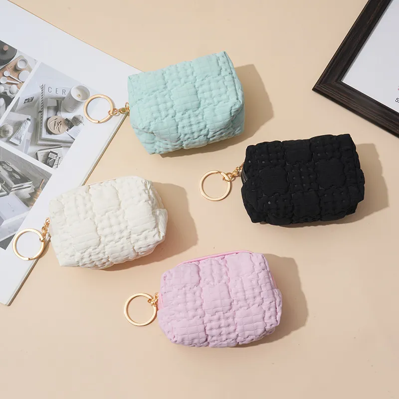 Mini Coin Purse Waffle Quilted Bubble Fabric Small Pouch With Gold Keychain Zip Closure Kawaii Macaron Colors For Women