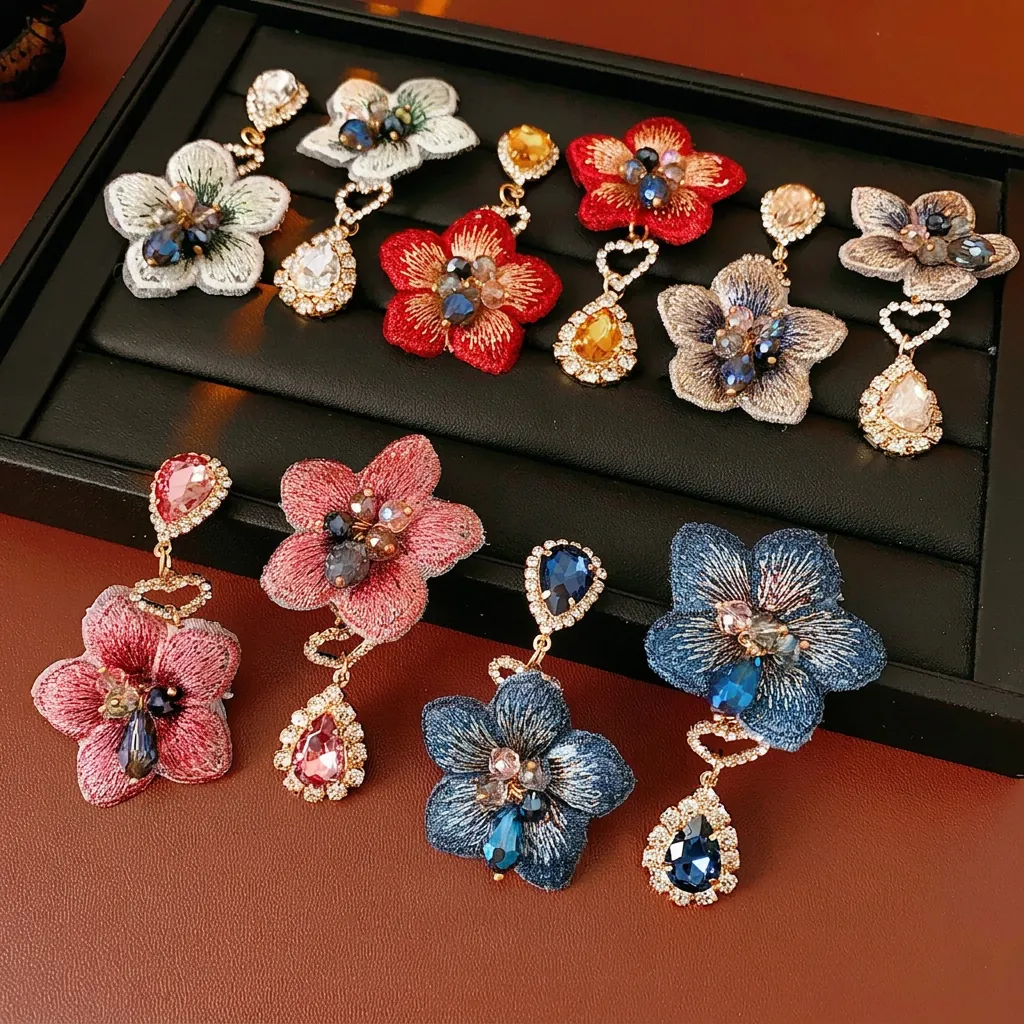 Boucles D'oreilles Pendantes Fleurs Brodées Asymétriques Avec Silver Earring Post Cristal Goutte D'eau Bijoux Rétro Palais