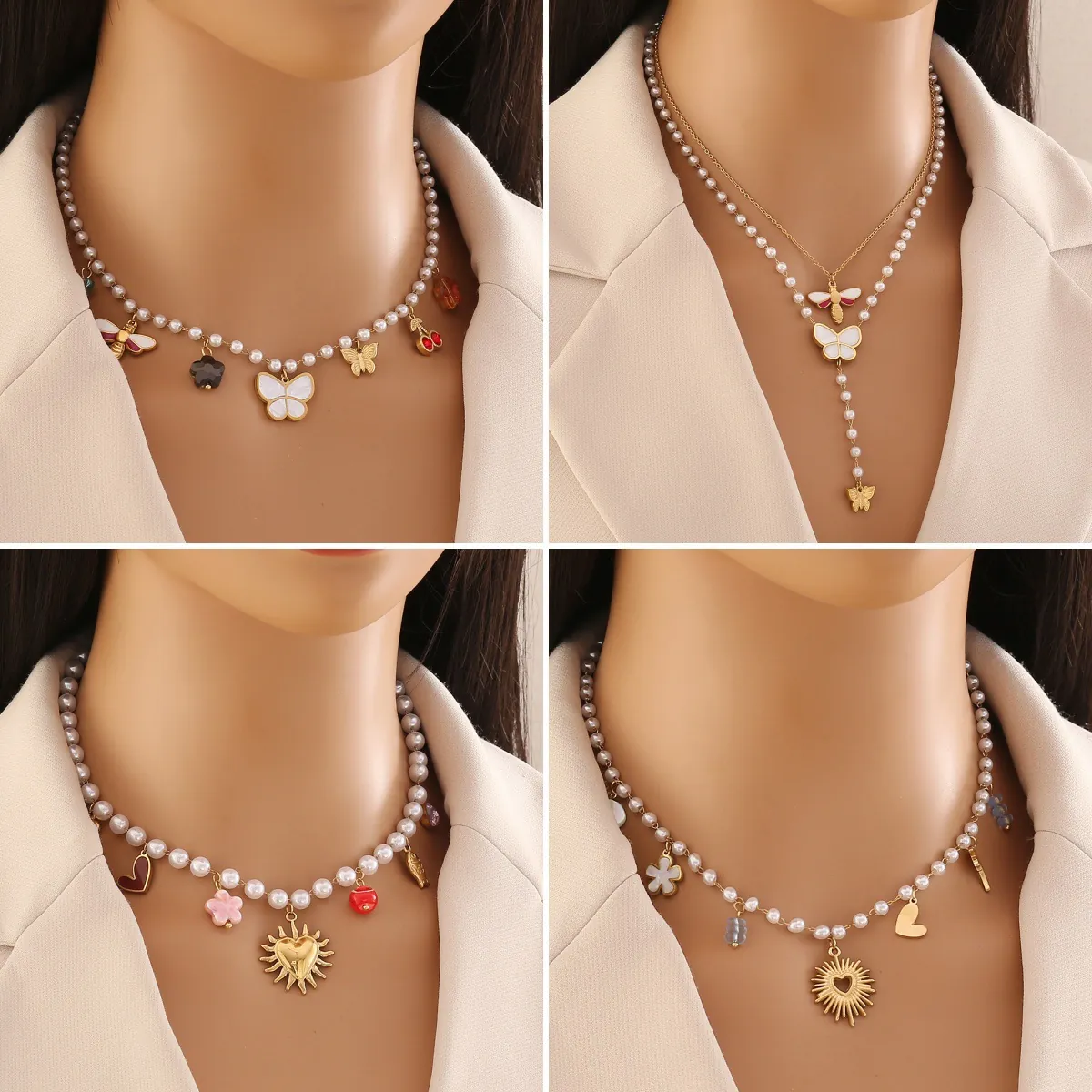 Collier De Künstliche Perles En Künstliche Perles Acier Inoxydable Plaqué Or Pendentif Coeur Creux Papillon Fleur Bijoux De Mode Pour Femmes
