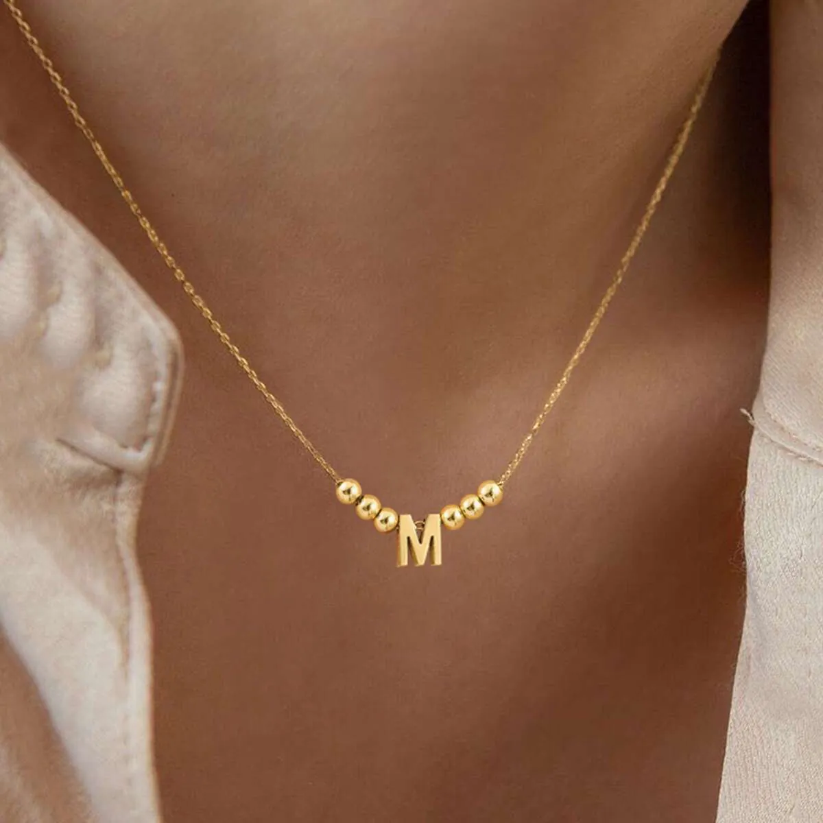 Minimalist Alloy Initial Letter Pendant Necklace With CCB Beads Fashion Elegant Clavicle Chain For Women