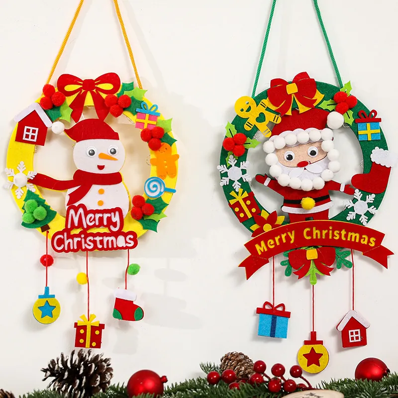 Diy Christmas Wreath Hanging Ornament Felt Non-Woven With Led Lights For Kids Home Decor Holiday Party Atmosphere