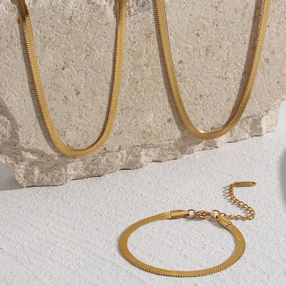 Flat Herringbone Chain Necklace Bracelet Minimalist Stainless Steel 18K Gold Plated Snake Chain Jewelry For Women