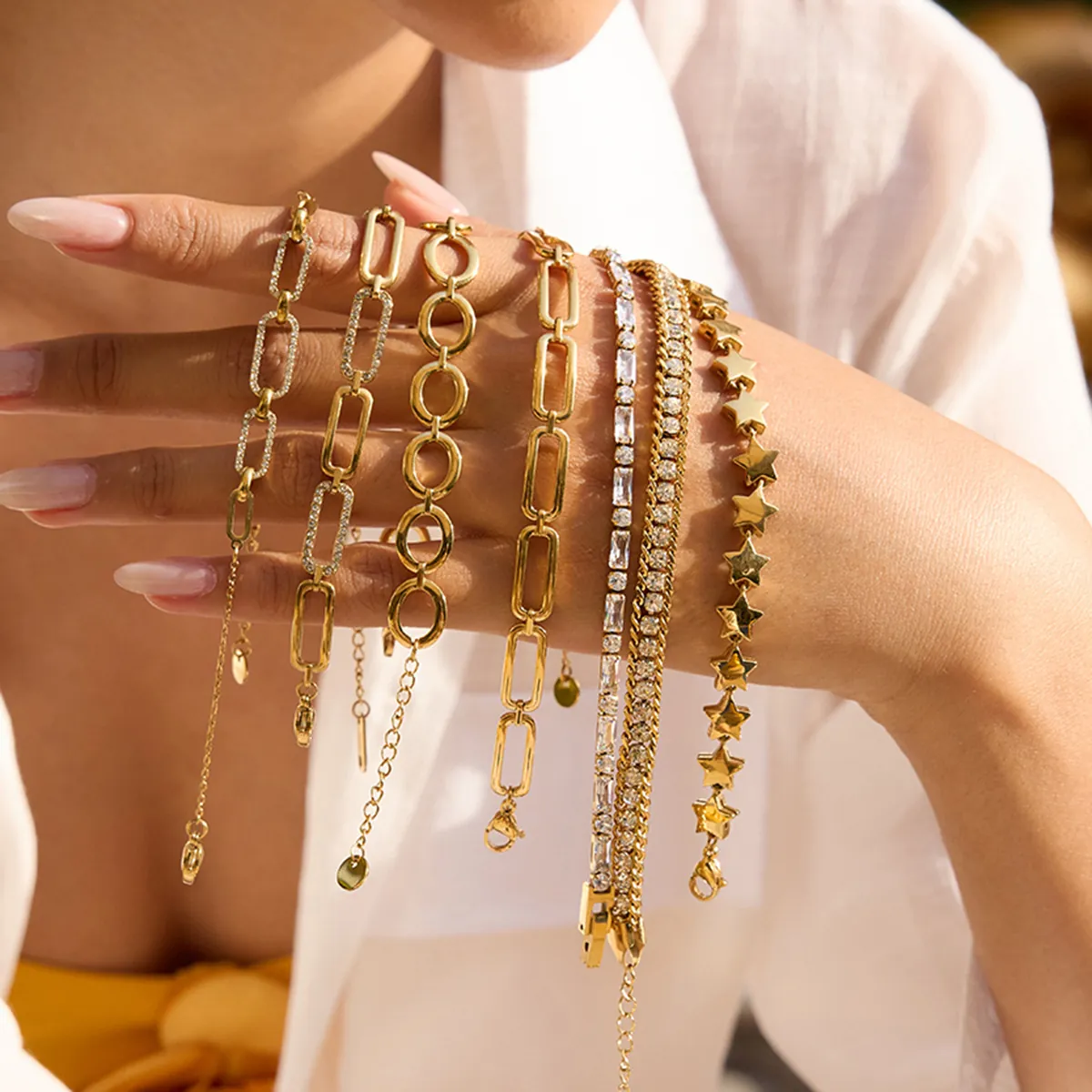 Minimalist Stainless Steel Rhinestone Star Link Chain Bracelet For Women Gold Silver Plated Geometric Crystal Heart Tennis Bracelet Ins Hot Trend Luxury Hand Jewelry Gift