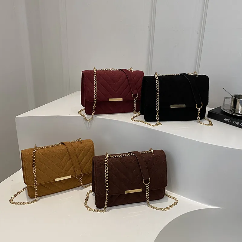 Retro Suede PU Chevron Quilted Shoulder Bag With Golden Chain Strap Fashion Commuter Flip Magnetic Square Crossbody Bag Women