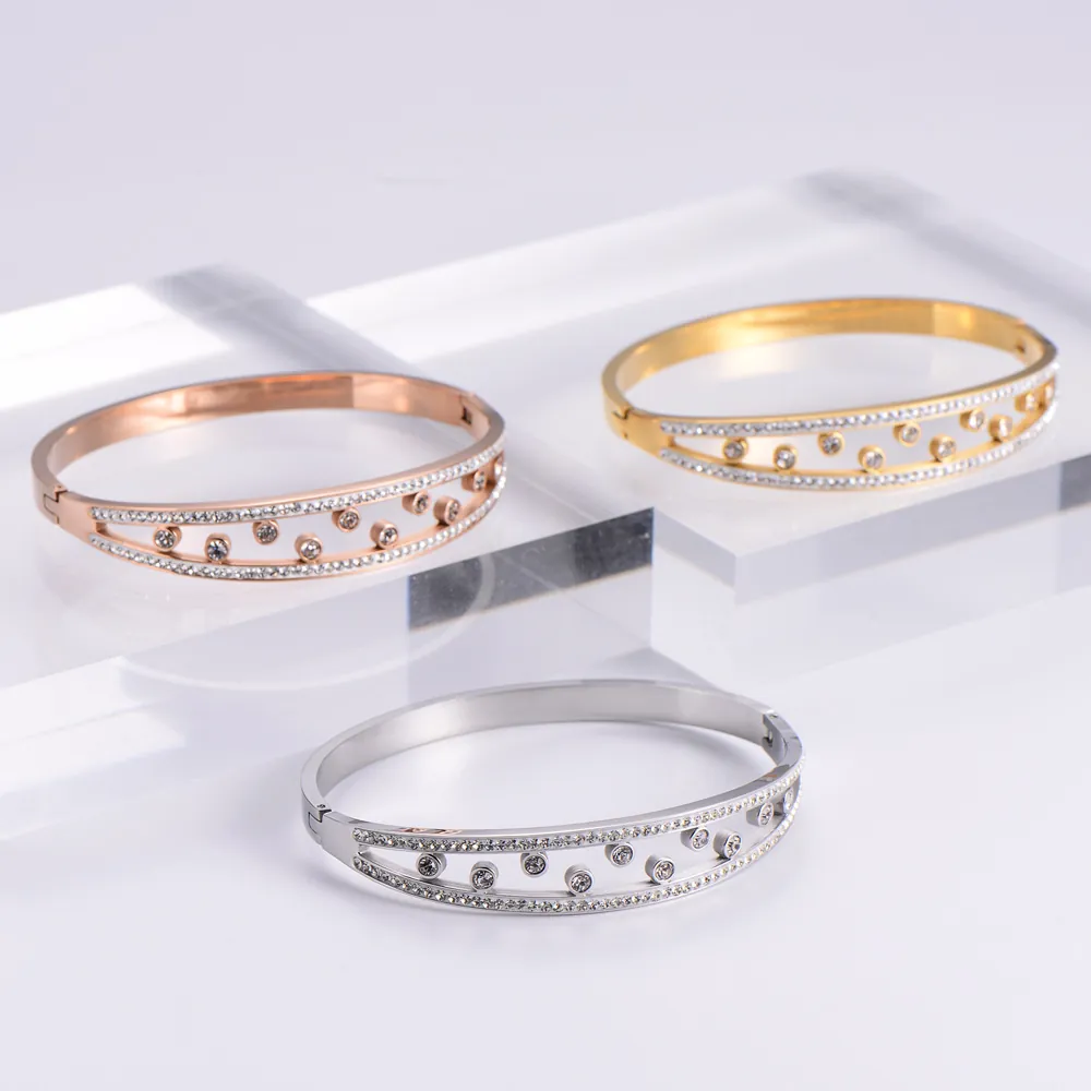 Elegant 316L Stainless Steel Bangle 18K Gold Plated Zirconia Hollow Sliding Ring Bracelet Christmas Gift For Women