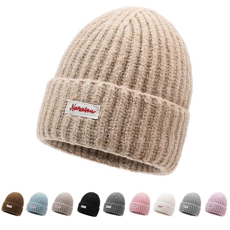 Berretto In Maglia A Costine Invernale Per Donna Uomo Caldo Spesso In Misto Cotone Poliestere Con Toppa Ricamata Casual