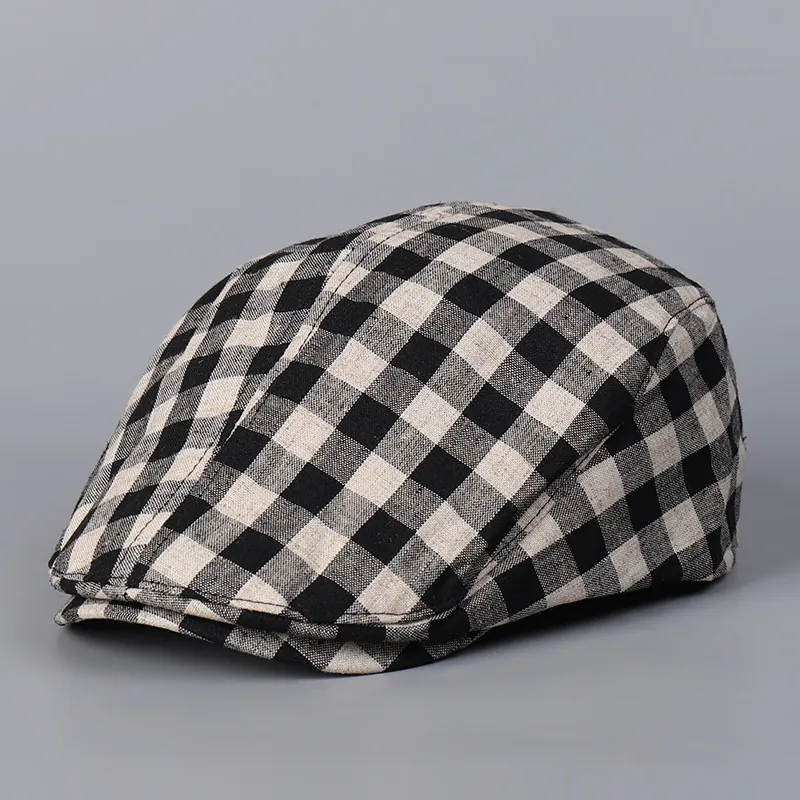 Casquette Plate À Carreaux Mélange Lyocell Lin Style Britannique Rétro Respirant Ajustable Chapeau De Chasse Pour Hommes Femmes