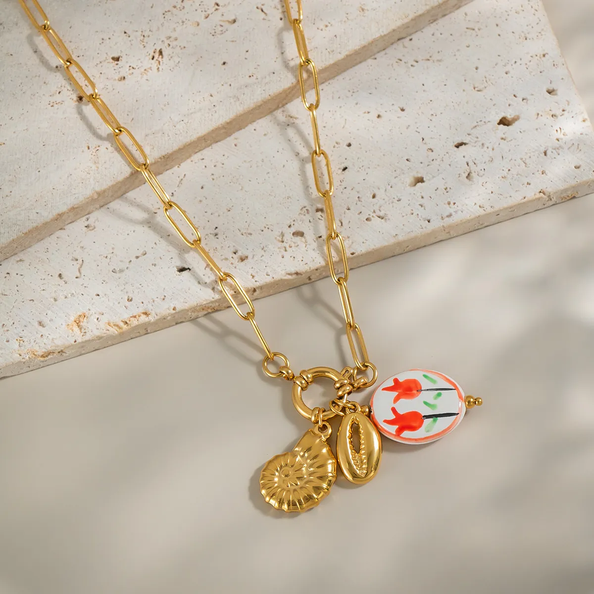 Collier Pendentif Tulipe Acier Inoxydable Plaqué Or Coquillage Conch Style Océan Fleur Chaîne Trombone Pour Femmes
