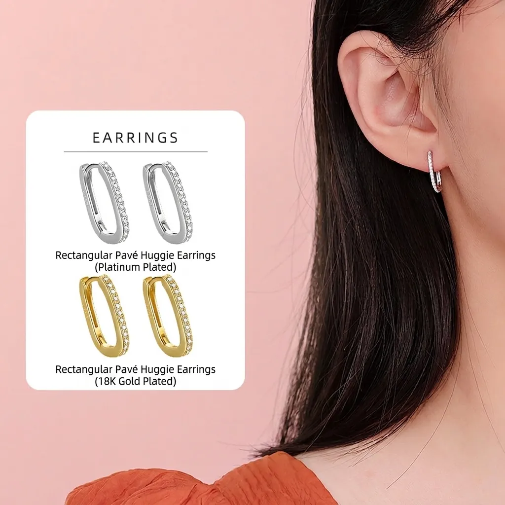 925 Sterling Silver Rectangular Huggie Earrings For Women Gold White Gold Plated Pave Rhinestone Geometric Fashion Jewelry