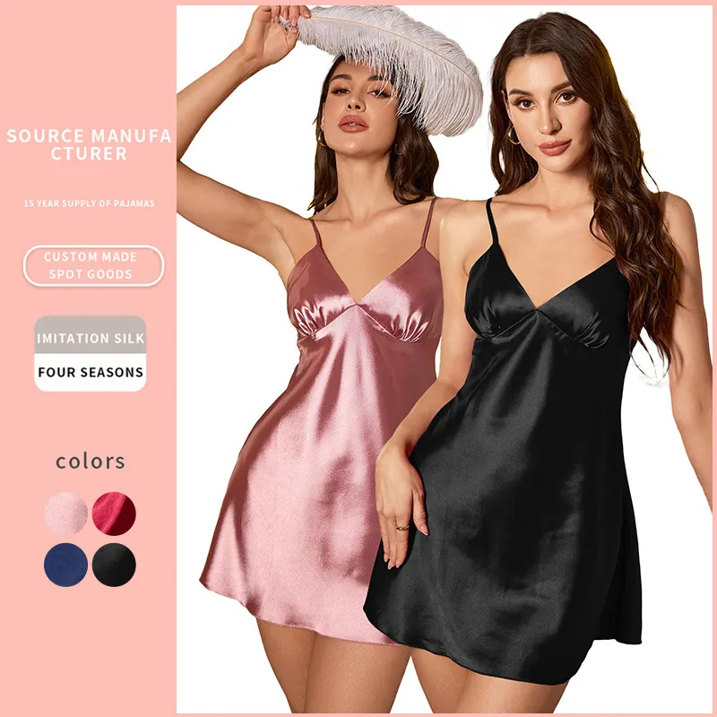 Damen Sexy Satin Nachthemd V Ausschnitt Satinnimitat Unterkleid Schlafanzug Ärmellos Mini Nachtgewand Loungewear