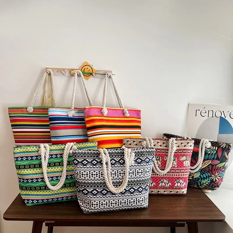 Women Large Capacity Canvas Tote Bag Rope Handles Ethnic Stripe Leaf Elephant Pattern Beach Vacation Shoulder Handbag