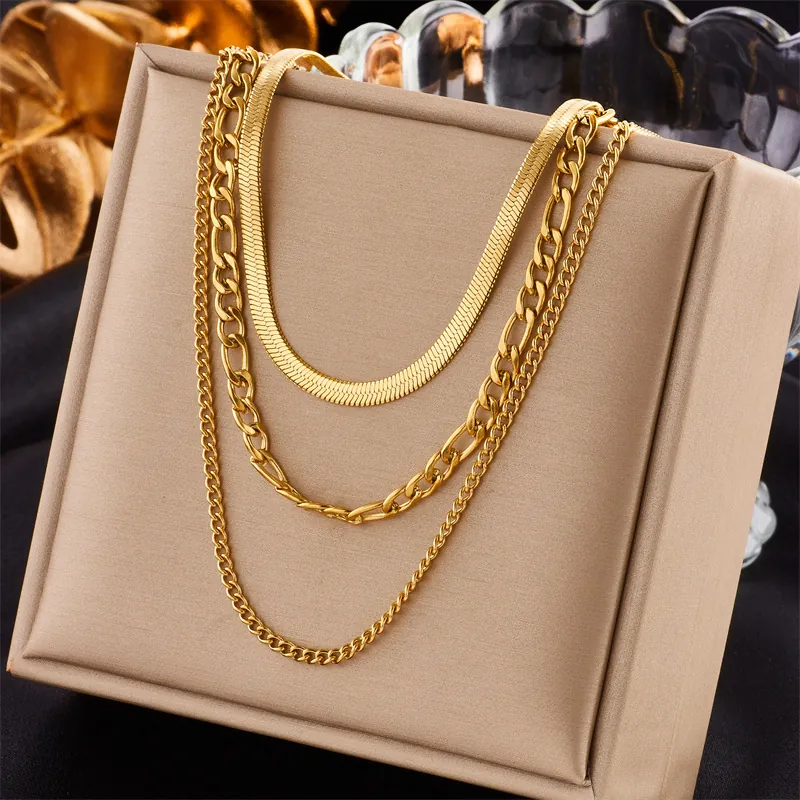 Layered Necklace 18K Gold Plated Stainless Steel Snake Figaro Chain Elegant Minimalist Jewelry For Women Tarnish Free