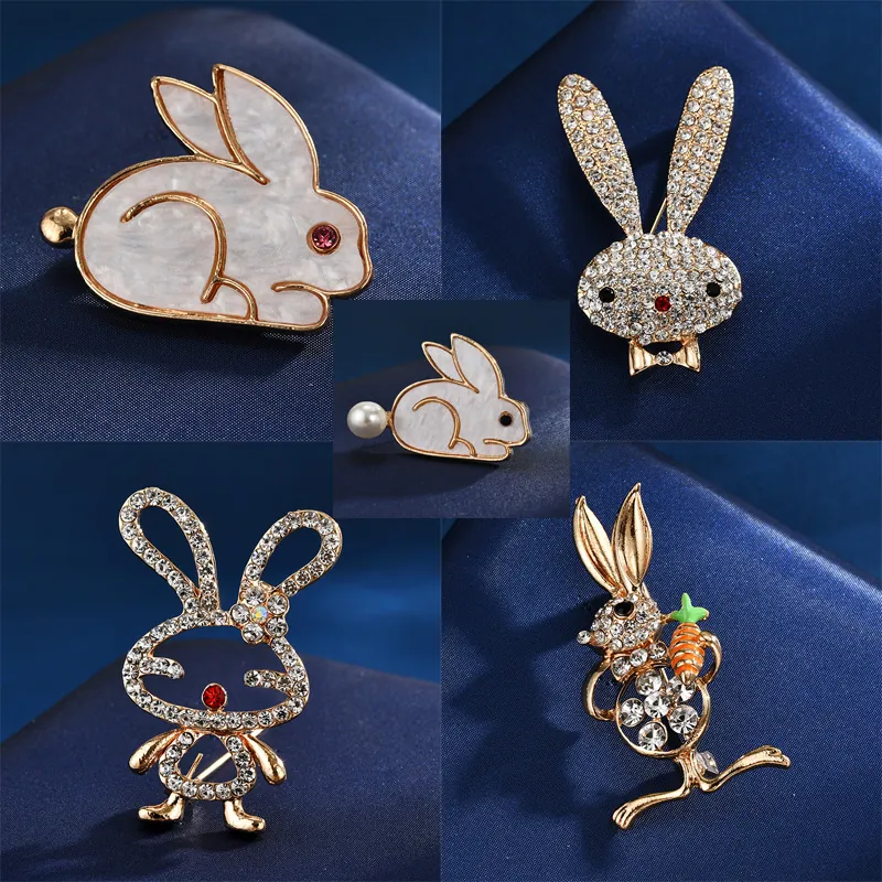 Cute Rabbit Brooch Alloy Rhinestone Faux Artificial Pearl Shell Bunny Animal Pin Suit Sweater Accessory For Women Gift