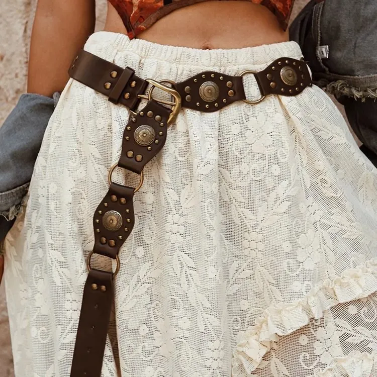 Western Cowboy PU Leather Belt With Alloy Rivets And Metal O-Rings Bohemian Vintage Waistband For Women