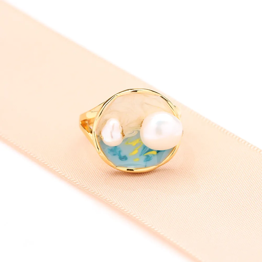 Bague En Émail Et Künstliche Perle Cuivre Plaqué Or Ajustable Style Peinture À L'Huile Française Bijoux Géométriques Pour Femmes