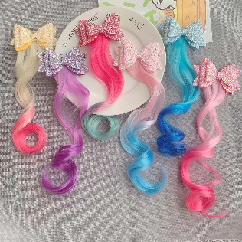 Girls Sequin Bow Hair Clips With Gradient Long Curly Synthetic Wig Hair Extensions Kids Princess Styling