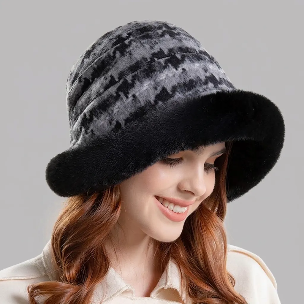 Women Winter Bucket Hat With Faux Fur Trim Thick Fleece Lined Plaid Houndstooth Warm Windproof Elegant Plush Basin Cap For Outdoor