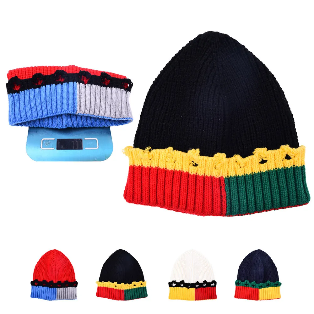 Bonnet En Tricot Bloc De Couleur Distressed Troué Rétro Hip Hop Extérieur Chaud Côtelé Pour Hommes Femmes