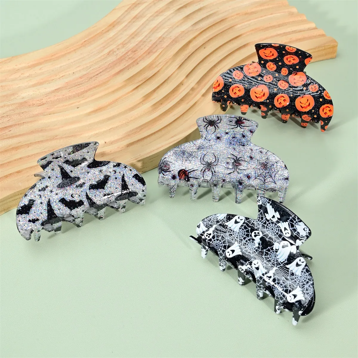 Pinces À Cheveux Halloween Acrylique Paillettes Citrouille Fantôme Toile D'Araignée Motif Chauve-Souris Pour Femmes Filles