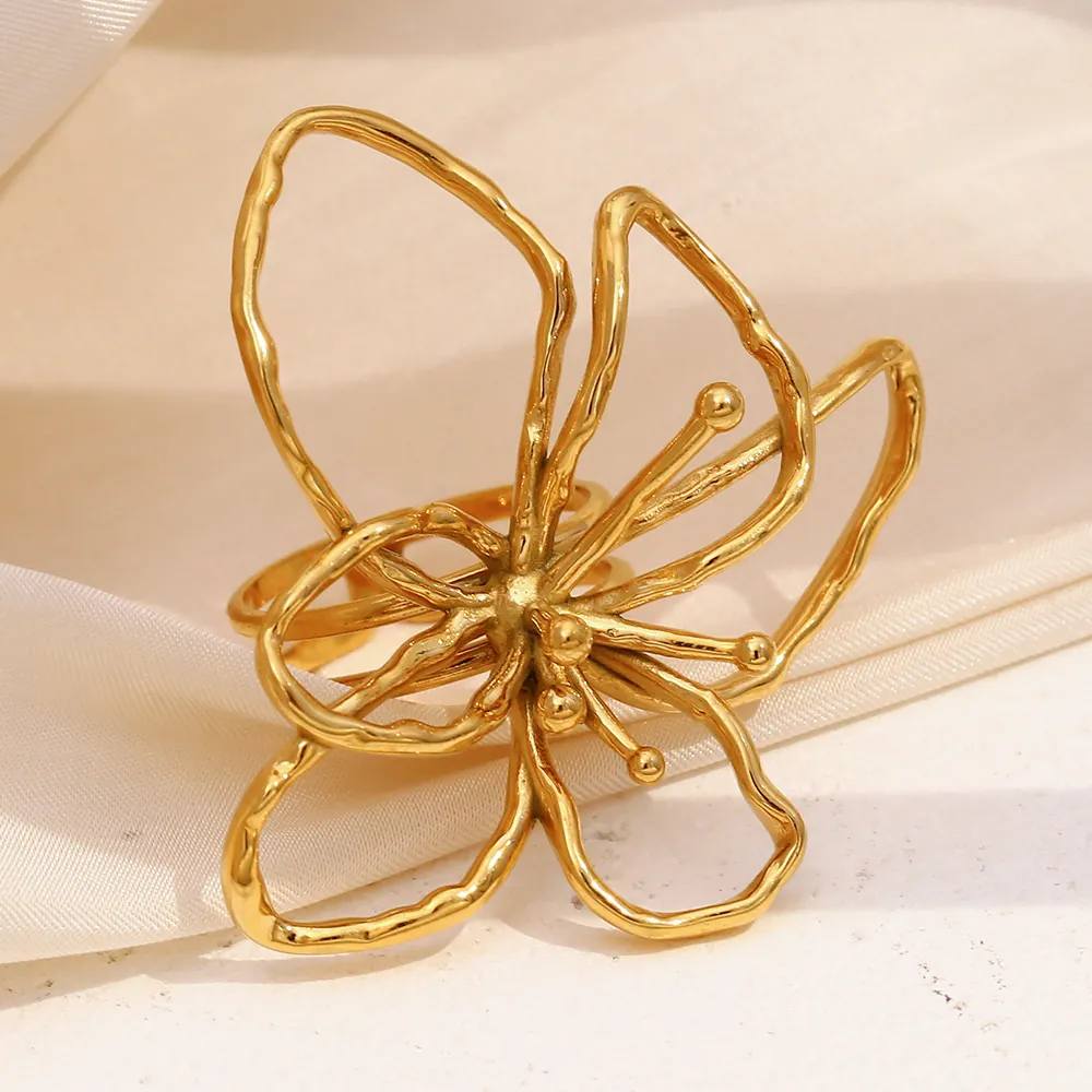 Stainless Steel Flower Open Ring 18K Gold Plated Hollow Line Artistic Fashion Adjustable Jewelry For Women