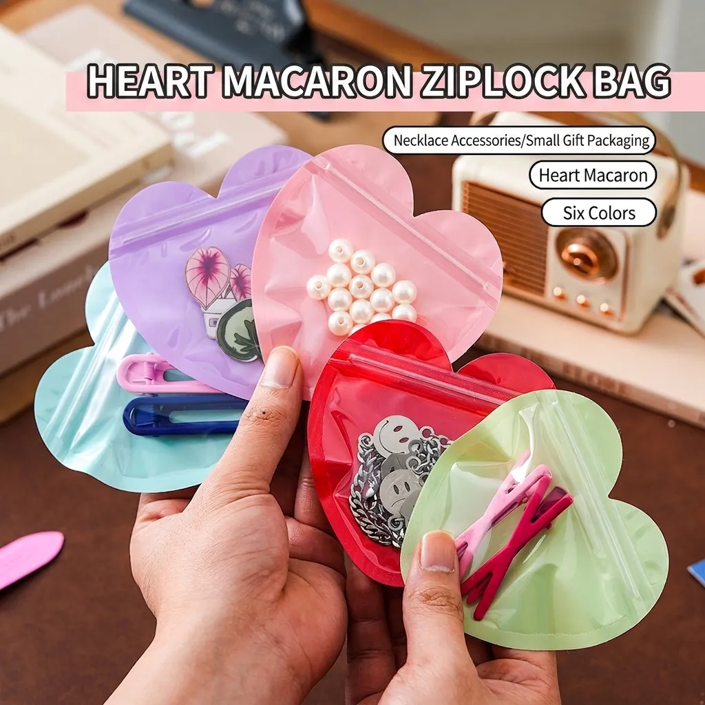 Heart Shaped Self Sealing Plastic Jewelry Packaging Bags Macaron Color Gift Pouches With Clear Window Dustproof For Small Items