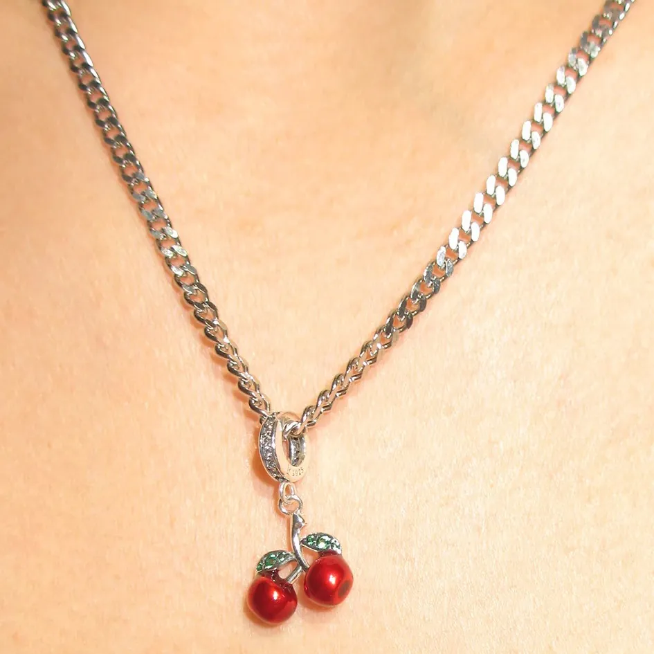 Red Cherry Pendant Necklace Stainless Steel Silver Chain With Green Rhinestone Leaf Jewelry For Women Sweet Style