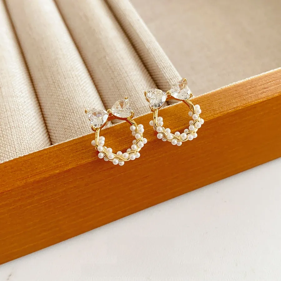 Boucles D'oreilles À Tige Couronne De Künstliche Perles Noeud Avec Tige En Argent Zircone Cubique Doré Bijoux Pour Femmes