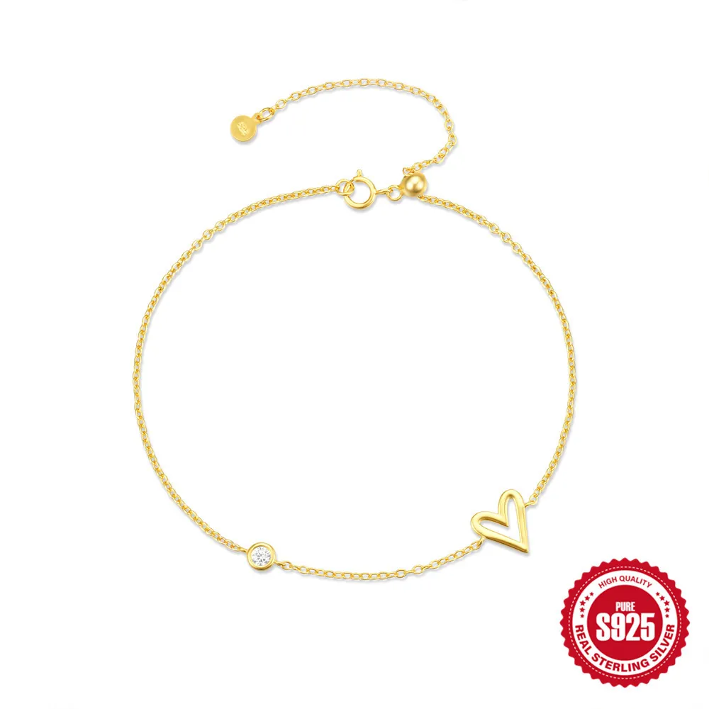 Minimalist 925 Sterling Silver Heart Pendant Bracelet With Zircon Gold Plated Chain For Women