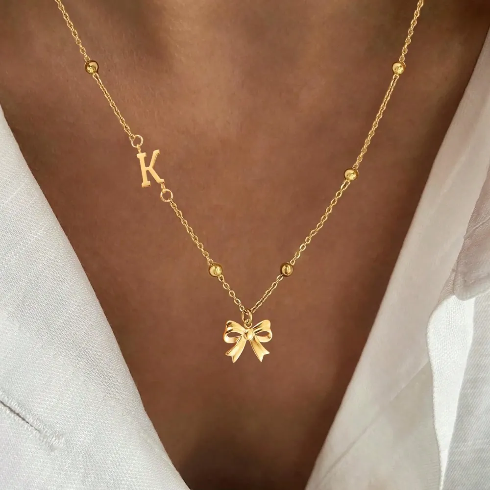 Butterfly Bow Initial Letter Pendant Necklace Stainless Steel 18K Gold Plated Fashion Jewelry For Women