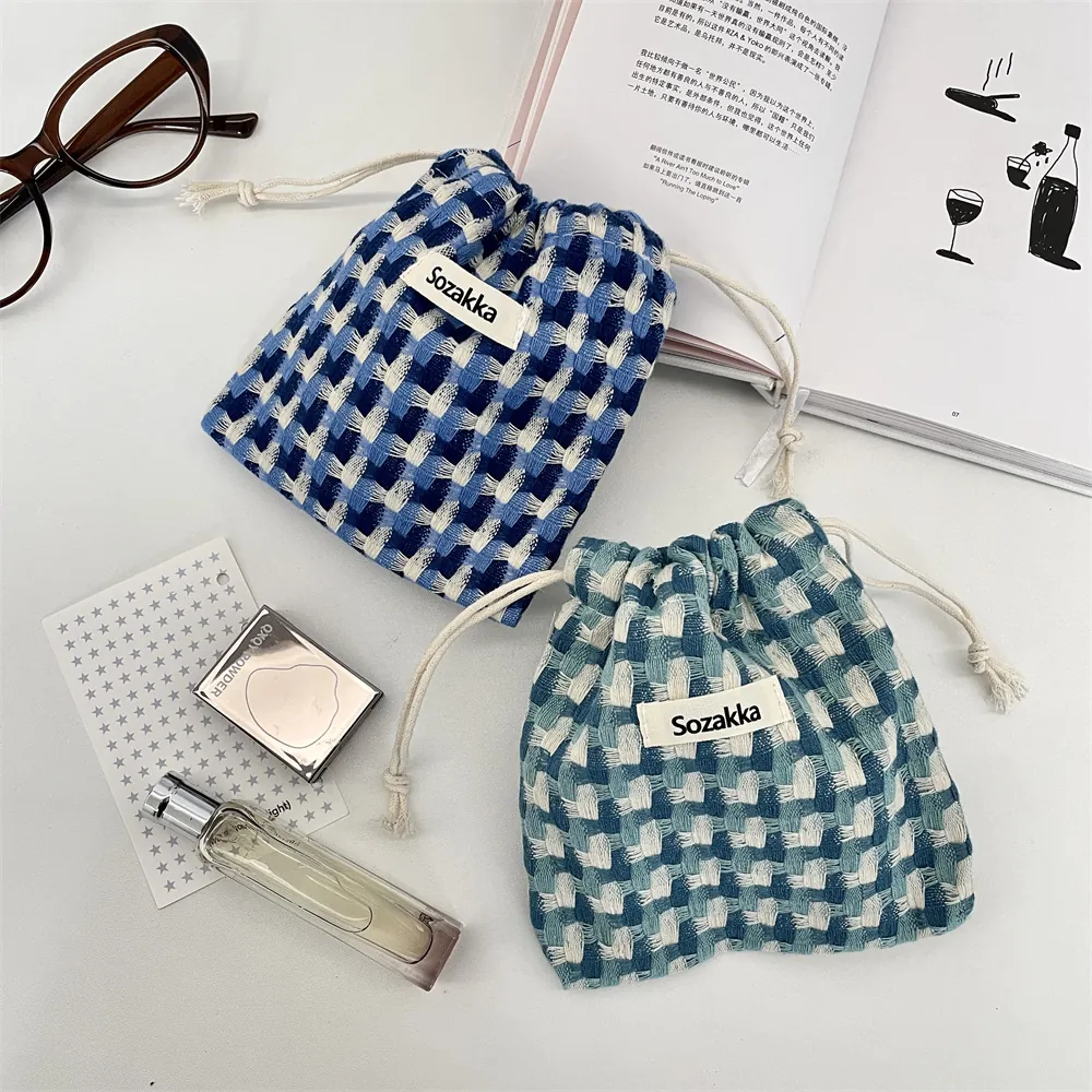 Pochette Rangement Cordon Tissée Carreaux Sac Organisateur Portable Cosmétiques Voyage Style Minimaliste
