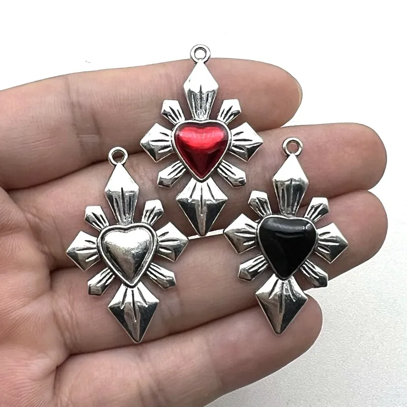 Gothic Heart Cross Charms Zinc Alloy Sacred Heart Pendants For DIY Jewelry Making Retro Vintage Punk Style Accessories