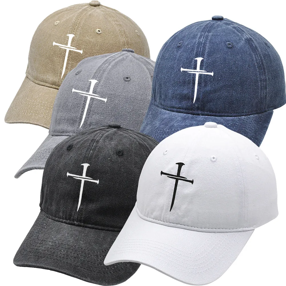Vintage Washed Cotton Baseball Cap Men Women Distressed Cross Nail Embroidery Adjustable Outdoor Sun Hat Retro Dad Hat