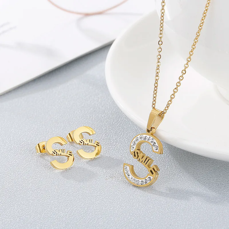 Bijoux En Acier Inoxydable Lettre S Smile Gravé Strass Incrusté Collier Et Boucles D'oreilles Mode Cadeau Femme