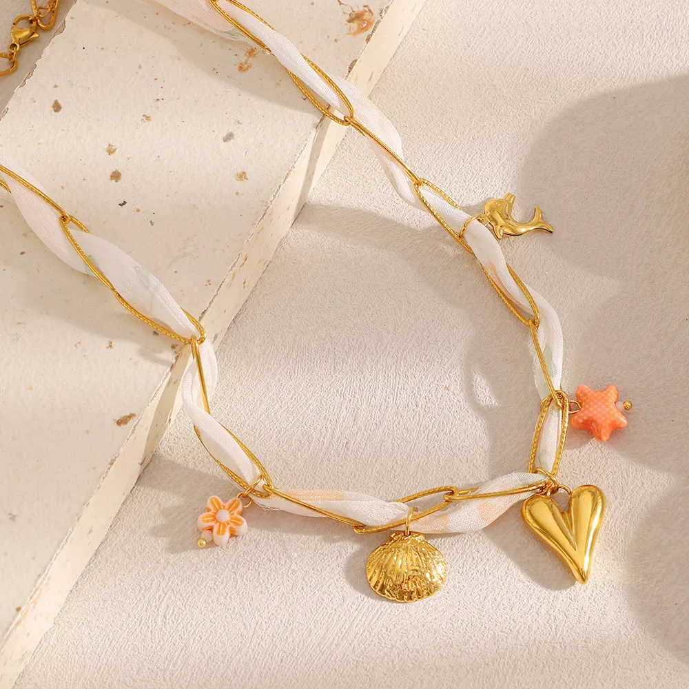 Roestvrijstalen 18K Vergulde Hart Zeester Schelp Bedels Ketting Verweven Met Wit Stoffen Lint Trendy Mariene Stijl Voor Dames