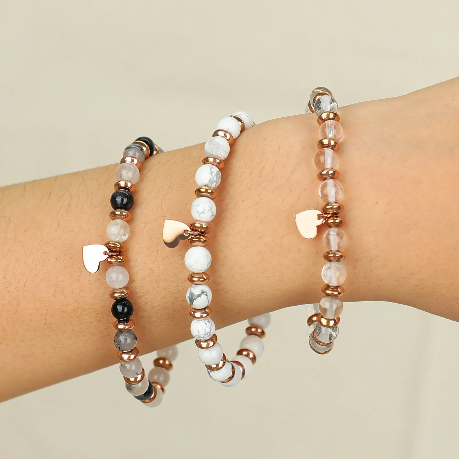 Braccialetto Fatto a Mano con Perline in Pietra Naturale Con Ciondolo a Cuore in Lega Oro Rosa Bracciale Elastico per Donna Gioielli Vintage