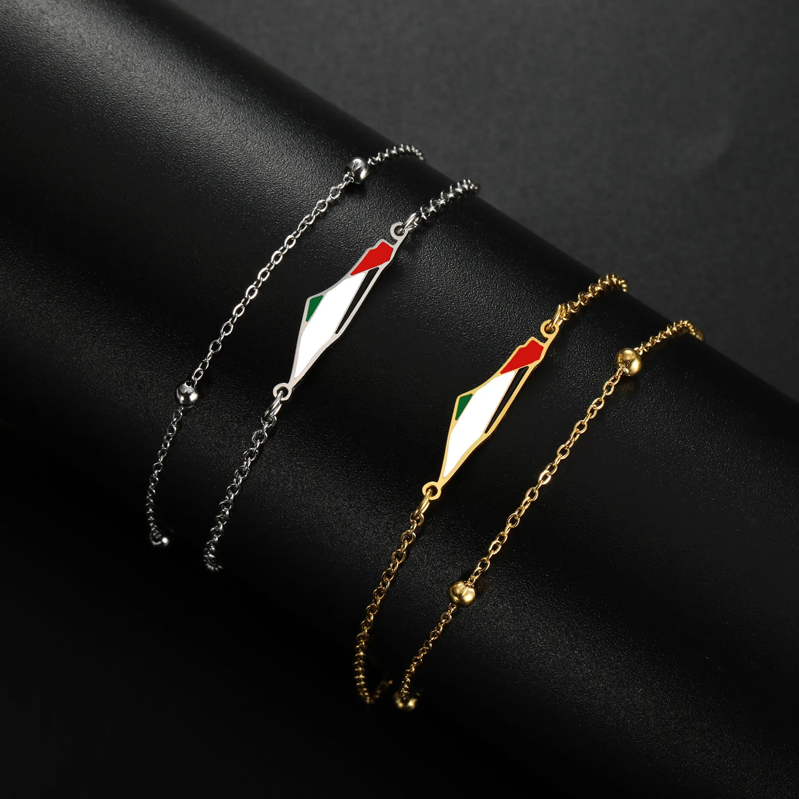 Stainless Steel Palestine UAE Map Charm Bracelet For Women Gold Silver Plated Enamel National Flag Double Layer Chain Jewelry