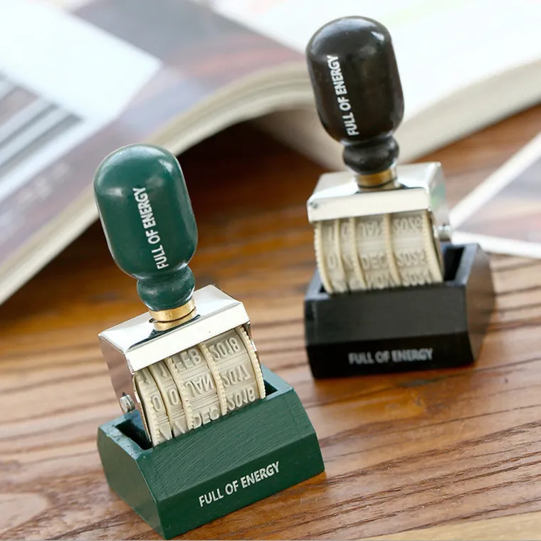 Vintage Manual Roller Date Stamp With Wood Handle Metal Frame Rubber Dial For Scrapbooking Journaling DIY Crafts Retro