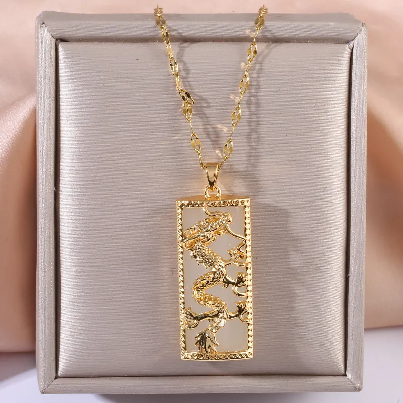 Chinese Dragon Pendant Necklace Gold Plated Copper With Zircon Rectangular Imitation Jade Vintage Style Jewelry For Women