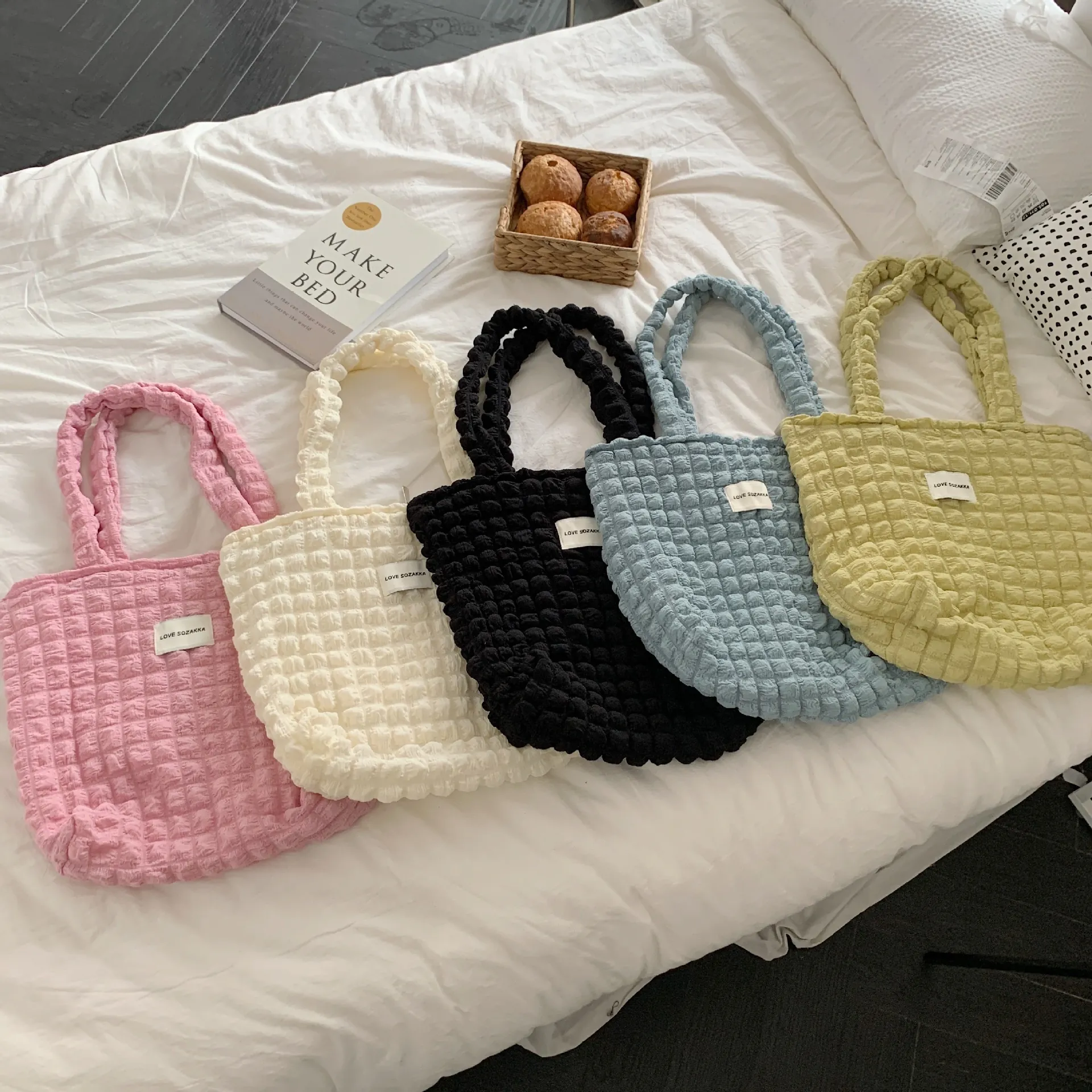 Women Popcorn Texture Bubble Fabric Tote Bag Large Capacity Simple Japanese Style Polyester Shoulder Handbag