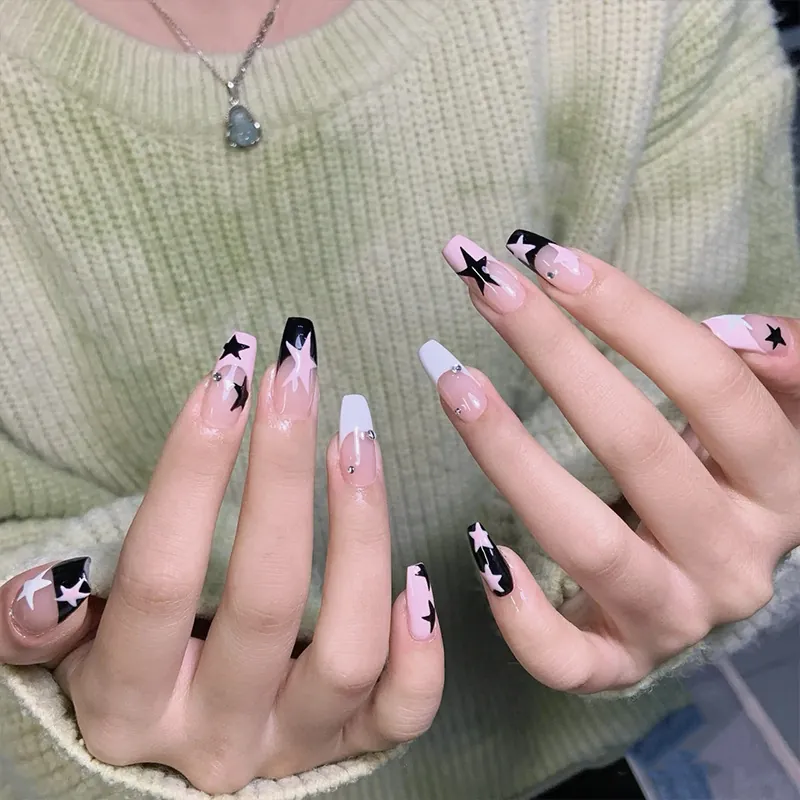 Long Coffin Press On Nails Pink Black Star Pattern French Tips With Rhinestones Y2K Style For Women