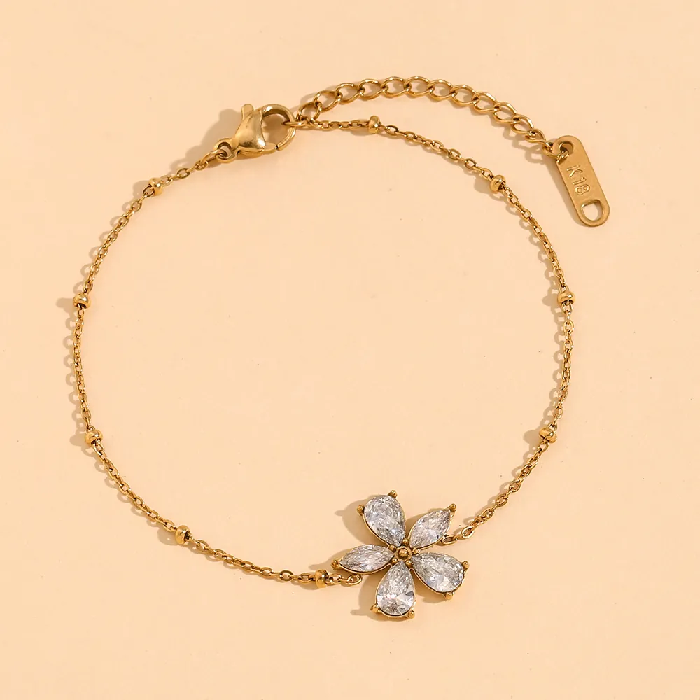 Blumen Zirkon Armband 18K Vergoldeter Edelstahl Verstellbare Perlenkette Eleganter Schmuck Für Damen